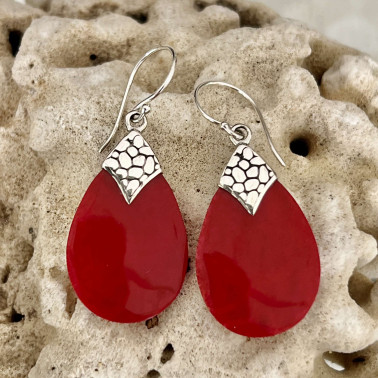 ER 14718 CR-(HANDMADE 925 BALI STERLING SILVER FILIGREE EARRINGS WITH CORAL)